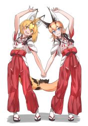 Rule 34 | 2girls, alternate costume, animal ear fluff, animal ears, arm up, blonde hair, blue eyes, blush, brown eyes, brown hair, caracal (kemono friends), full body, highres, holding hands, japanese clothes, kemono friends, looking at viewer, miko, multiple girls, open mouth, parted lips, sandals, serval (kemono friends), short hair, short sleeves, smile, socks, tail, tanabe (fueisei), white legwear