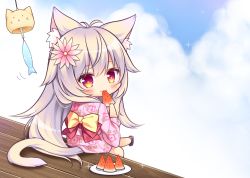 Rule 34 | 1girl, :3, ai (wakaba iro no quartet), animal ear fluff, animal ears, antenna hair, black footwear, blue sky, blush, bow, cat ears, cat girl, cat tail, chibi, closed mouth, cloud, cloudy sky, day, eating, floral print, flower, food, fruit, grey hair, hair between eyes, hair flower, hair ornament, holding, holding food, japanese clothes, kimono, long hair, long sleeves, looking at viewer, looking back, outdoors, pink flower, pink kimono, print kimono, purple eyes, ryuuka sane, sandals, short kimono, sky, solo, tail, veranda, very long hair, wakaba iro no quartet, watermelon, wide sleeves, wind chime, yellow bow, zouri