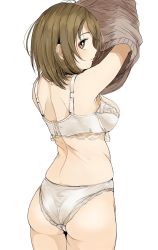 Rule 34 | 1girl, arms up, ass, bra, breasts, brown eyes, brown hair, commentary request, from behind, gatsby ssl, highres, idolmaster, idolmaster cinderella girls, large breasts, looking at viewer, mimura kanako, panties, short hair, simple background, solo, standing, underwear, underwear only, undressing, white background, white bra, white panties