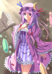 Rule 34 | 1girl, book, capelet, crescent, dress, female focus, floating book, floating object, gem, hair ribbon, hat, long hair, patchouli knowledge, purple dress, purple eyes, purple hair, purple skirt, ribbon, skirt, solo, striped clothes, striped dress, suikakitsu shiro, touhou, vertical stripes