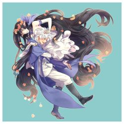 Rule 34 | 1boy, 1girl, absurdly long hair, alternate costume, amakusa shirou (fate), aqua background, black hair, boots, capelet, dark skin, dark-skinned male, dress, elbow gloves, fate/apocrypha, fate (series), flower, fmc (f3m5), gloves, hair flower, hair ornament, highres, holding person, long hair, palette swap, petals, pointy ears, semiramis (fate), simple background, very long hair, white dress, white hair