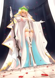 Rule 34 | 1girl, aestus estus, ahoge, bare shoulders, belt, blonde hair, blush, boots, breasts, bridal veil, bu li, chain, cleavage, detached collar, detached sleeves, elbow gloves, fate/extra, fate/extra ccc, fate/grand order, fate (series), full-length zipper, full body, gloves, green eyes, hair between eyes, hair intakes, hands up, head wreath, high heels, highleg, highleg leotard, highres, large breasts, leotard, lock, long hair, looking at viewer, loose belt, nero claudius (bride) (fate), nero claudius (bride) (third ascension) (fate), nero claudius (fate), nero claudius (fate) (all), padlock, petals, puffy detached sleeves, puffy sleeves, smile, solo, sword, thighhighs, thighs, veil, weapon, white footwear, white gloves, white leotard, white sleeves, zipper, zipper pull tab