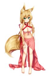 Rule 34 | 1girl, :o, animal ear fluff, animal ears, bangle, bare arms, bare legs, bare shoulders, barefoot, bikini, black choker, blonde hair, blush, bow, bracelet, breasts, choker, cleavage, collarbone, commentary request, criss-cross halter, fox ears, fox girl, fox tail, front-tie bikini top, front-tie top, full body, hair bow, halterneck, hand up, highres, himeka chiyako, jewelry, long hair, looking at viewer, medium breasts, minaha (playjoe2005), original, parted lips, pink bikini, red bow, sarong, see-through, simple background, solo, standing, swimsuit, tail, very long hair, white background