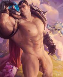 Rule 34 | 1boy, abs, absurdres, armor, ass, bara, bich hoan, black gloves, black hair, closed mouth, darius (league of legends), flaccid, gloves, highres, large pectorals, league of legends, male focus, multicolored hair, muscular, muscular male, navel, nipples, nude, outdoors, pectorals, penis, scar, scar across eye, scar on face, short hair, shoulder armor, shoulder spikes, solo, spikes, sunset, thick thighs, thighs, two-tone hair, white hair