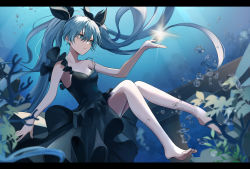 Rule 34 | 1girl, bare arms, bare legs, barefoot, black bow, black dress, blue eyes, blue hair, blue theme, bow, breasts, bubble, collarbone, dress, floating hair, hair between eyes, hair bow, hatsune miku, highres, layered dress, letterboxed, long dress, long hair, miyanami 3, parted lips, shinkai shoujo (vocaloid), sleeveless, sleeveless dress, small breasts, solo, strap slip, twintails, underwater, very long hair, vocaloid