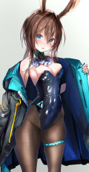 Rule 34 | 1girl, absurdres, amiya (arknights), animal ears, arknights, bare shoulders, black coat, black leotard, black pantyhose, blue eyes, blue leotard, blue nails, blush, breasts, brown hair, cleavage, close-up, closed mouth, clothes writing, coat, collarbone, commentary request, covered navel, detached collar, eyebrows hidden by hair, fake animal ears, feet out of frame, full body, gradient background, hair between eyes, highres, holding, holding clothes, holding jacket, infection monitor (arknights), jacket, jewelry, leotard, long hair, long sleeves, medium breasts, nail polish, open clothes, open jacket, pantyhose, playboy bunny, pottsness, rabbit ears, ring, sidelocks, simple background, skindentation, solo, standing, thick thighs, thigh strap, thighs, twitter username, white background