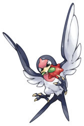 Rule 34 | berry, berry (pokemon), commentary request, creatures (company), flying, food, fruit, full body, game freak, gen 3 pokemon, mouth hold, nintendo, no humans, pearl7, pokemon, pokemon (creature), simple background, solo, spread wings, taillow, white background