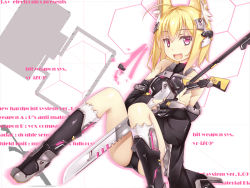 Rule 34 | 1girl, :d, ahoge, animal ears, blonde hair, dutch angle, fox ears, fox tail, headgear, looking at viewer, hugging object, open mouth, original, purple eyes, short hair, sitting, smile, solo, sword, syobonne, tail, weapon