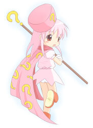 Rule 34 | 1girl, benesse, boots, cape, dress, fang, female focus, hat, hatena yousei, highres, holding, holding staff, looking at viewer, looking back, mika-shi, open mouth, panties, pink cape, pink dress, pink hair, pink hat, question mark, solo, staff, underwear, walking, white panties