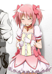 Rule 34 | 10s, 1girl, blush, bow, bubble skirt, choker, commentary request, dress, gloves, hair bow, kaname madoka, magical girl, mahou shoujo madoka magica, mahou shoujo madoka magica (anime), open mouth, out of frame, pink eyes, pink hair, police, police uniform, policeman, puffy short sleeves, puffy sleeves, short hair, short sleeves, short twintails, skirt, solo focus, soul gem, tears, twintails, uniform, youkan