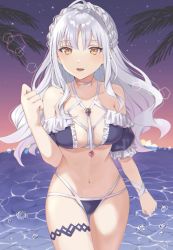 Rule 34 | 1girl, angel heart (fate), bare shoulders, bikini, caren hortensia, caren hortensia (amor caren), caren hortensia (angel heart), choker, commentary request, cowboy shot, fate/grand order, fate (series), highres, long hair, looking at viewer, night, night sky, ocean, oshage (osyage921), sky, solo, swimsuit, thigh strap, tree, wavy hair, white hair, yellow eyes