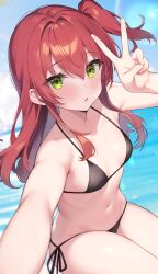 Rule 34 | 1girl, bikini, black bikini, blue sky, blurry, blurry background, blush, bocchi the rock!, breasts, commentary request, day, green eyes, hair between eyes, halterneck, hand up, haru (re ilust), highres, kita ikuyo, long hair, looking at viewer, navel, ocean, one side up, outdoors, outstretched arm, parted lips, red hair, side-tie bikini bottom, sitting, sky, small breasts, solo, stomach, swimsuit, thighs, v, water