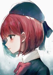 Rule 34 | 1girl, arima kana, beret, black ribbon, blue hat, blue jacket, bob cut, bow, bowtie, closed mouth, collared shirt, commentary request, crying, crying with eyes open, hat, highres, inverted bob, jacket, jigsaw paru, oshi no ko, partial commentary, pink bow, pink bowtie, rain, red eyes, red hair, ribbon, school uniform, shirt, short hair, sidelocks, solo, tears, white shirt, youtou high school uniform