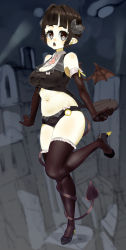 Rule 34 | 1girl, arms at sides, black footwear, black panties, breasts, brown eyes, brown gloves, brown hair, brown thighhighs, cleavage, collared shirt, curled horns, demon girl, demon horns, demon tail, elbow gloves, full body, gloves, hair intakes, heart, heart-shaped pupils, high heels, highres, horns, large breasts, looking at viewer, mini wings, necktie, nijitama shiyushiyu, open mouth, original, panties, pink necktie, pink pupils, shirt, short hair, short necktie, solo, standing, standing on one leg, symbol-shaped pupils, tail, thighhighs, underwear, wing collar, wings