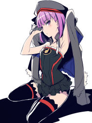 Rule 34 | aono shimo, armpits, bad id, bad pixiv id, beret, black thighhighs, blush, fate/grand order, fate (series), hat, helena blavatsky (fate), highres, looking at viewer, purple eyes, purple hair, short hair, sitting, sleeveless, solo, thighhighs