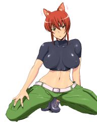 Rule 34 | 00s, 1girl, animal ears, babydoll t-shirt, bad proportions, belt, breasts, cargo pants, crop top, covered erect nipples, highres, impossible clothes, impossible shirt, kaibutsu oujo, large breasts, lowleg, lowleg pants, midriff, pants, red hair, riza wildman, seura isago, shirt, short hair, solo, wolf ears