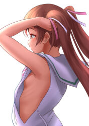 Rule 34 | 1girl, bare shoulders, breasts, brown eyes, brown hair, dark-skinned female, dark skin, dress, from side, hair ornament, hair ribbon, kantai collection, libeccio (kancolle), long hair, ray.s, ribbon, sailor dress, simple background, sleeveless, small breasts, solo, twintails, white background