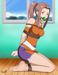 Rule 34 | absurdres, arms behind back, ball gag, bdsm, bondage, bound, bound ankles, bound arms, bound wrists, breasts, brown eyes, brown hair, cloth gag, digimon, digimon adventure tri., gag, gagged, highres, improvised gag, legs, looking at viewer, medium breasts, shadow xcp, tachikawa mimi, thighs