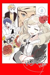 Rule 34 | &gt; &lt;, 1girl, 2boys, agata120, black jacket, blonde hair, bouquet, cat, closed eyes, crossed arms, dated, fang, flower, hair ornament, hairclip, happy birthday, hat, highres, hood, hood down, jacket, kitagawa yuusuke, long sleeves, morgana (persona 5), multiple boys, open clothes, open jacket, open mouth, painting (object), party hat, persona, persona 5, red flower, sakamoto ryuuji, shirt, single blush sticker, sweat, takamaki anne, twintails, white shirt, yellow shirt