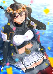 Rule 34 | 1girl, birthday, black gloves, black hair, breasts, commentary request, confetti, dated, elbow gloves, flower, garter straps, gloves, hair between eyes, head wreath, headgear, highres, kantai collection, large breasts, long hair, looking at viewer, machi (ritovoyage), miniskirt, nagato (kancolle), nagato kai ni (kancolle), one eye closed, open mouth, orange flower, partially fingerless gloves, pleated skirt, red eyes, red thighhighs, ripples, rudder footwear, sitting, skirt, solo, tassel, thighhighs, twitter username, water, white skirt