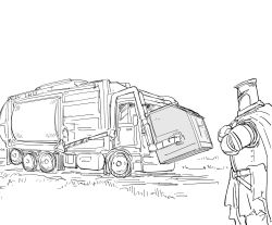 Rule 34 | 1boy, armor, bad id, bb (baalbuddy), breastplate, cape, commentary, dumpster, english commentary, garbage truck, greyscale, helmet, highres, inactive account, monochrome, motor vehicle, original, simple background, truck, white background