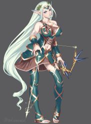 Rule 34 | 1girl, arrow (projectile), bare shoulders, bow (weapon), breasts, closed mouth, detached sleeves, elf, energy arrow, envenomist (gengoroumaru), eyeshadow, full body, garter straps, green eyes, green lips, green nails, green thighhighs, highres, large breasts, lipstick, long hair, looking at viewer, lucent heart, makeup, nail polish, navel, pointy ears, solo, thighhighs, toenail polish, toenails, vambraces, very long hair, weapon, white hair
