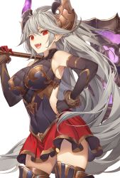 Rule 34 | 1girl, :d, absurdres, armored boots, armpits, bare shoulders, black gloves, black shirt, boots, breasts, clothing cutout, cowboy shot, draph, elbow gloves, gloves, gold trim, granblue fantasy, grey hair, hand on own hip, hand up, highres, holding, holding weapon, horns, kaerunoko, large breasts, long hair, looking at viewer, miniskirt, open mouth, pointy ears, red eyes, red skirt, sharp teeth, shirt, side cutout, simple background, skirt, sleeveless, sleeveless shirt, smile, solo, teeth, thigh boots, thighhighs, threo (granblue fantasy), very long hair, weapon, white background, zettai ryouiki