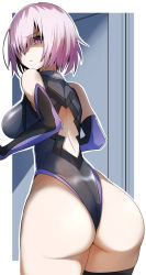 Rule 34 | 1girl, absurdres, ass, back, back cutout, backless outfit, bare shoulders, black leotard, breasts, clothing cutout, collar, elbow gloves, fate/grand order, fate (series), gin moku, glaring, gloves, hair over one eye, highleg, highleg leotard, highres, huge ass, large breasts, leotard, light purple hair, looking at viewer, looking back, mash kyrielight, metal collar, purple eyes, purple gloves, shaded face, short hair, solo, thigh strap, thighs