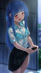 Rule 34 | 1girl, :d, black skirt, blue bra, blue hair, blush, bra, bra visible through clothes, collared shirt, furrowed brow, kotonoha aoi, kurione (zassou), miniskirt, one side up, open mouth, pink eyes, pleated skirt, rain, see-through, shirt, short sleeves, skirt, smile, solo, underwear, voiceroid, wet, wet clothes, wet shirt, white shirt, wringing clothes, wringing skirt