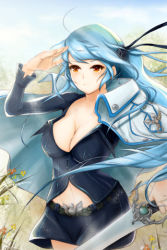 Rule 34 | 1girl, belt, blue hair, breasts, cleavage, coat, flower, large breasts, long hair, long sleeves, lowres, luthica preventer, miniskirt, open clothes, orange eyes, ribbon, skirt, solo, sword, sword girls, twintails, weapon