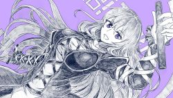 Rule 34 | 1girl, :d, breasts, cross-laced clothes, dress, dutch angle, greyscale, greyscale with colored background, gurajio, hair between eyes, hijiri byakuren, holding, holding scroll, large breasts, layered dress, long hair, long sleeves, looking at viewer, monochrome, open mouth, purple background, purple eyes, scroll, simple background, smile, solo, sorcerer&#039;s sutra scroll, touhou