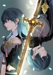 Rule 34 | 1boy, 1girl, blue eyes, blue hair, byleth (female) (fire emblem), byleth (fire emblem), byleth (male) (fire emblem), cape, closed mouth, commentary request, fire emblem, fire emblem: three houses, hair between eyes, long hair, navel, nintendo, profile, short hair, sword, tang xinzi, weapon