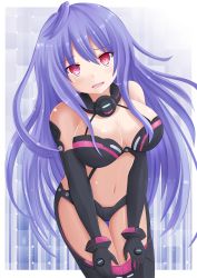 Rule 34 | 10s, 1girl, :d, bare shoulders, black gloves, black thighhighs, blue hair, blush, bracelet, breasts, cleavage, elbow gloves, female focus, gloves, hair between eyes, hair over breasts, hands on legs, highres, iris heart, jewelry, kami jigen game neptune v, kazenokaze, large breasts, legs, long hair, looking at viewer, midriff, navel, neck ring, neptune (series), open mouth, purple hair, pururut, red eyes, revealing clothes, shiny skin, sidelocks, smile, solo, symbol-shaped pupils, thigh gap, thighhighs, very long hair