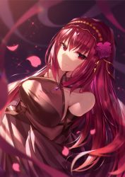 Rule 34 | 1girl, absurdres, arm under breasts, bare shoulders, breasts, bridal gauntlets, closed mouth, collarbone, detached sleeves, dress, fate/grand order, fate (series), flower, gradient background, hair between eyes, hair flower, hair ornament, halterneck, heiyan shenshi, highres, jewelry, large breasts, long hair, looking at viewer, pendant, purple background, purple dress, purple hair, red eyes, scathach (fate), smile, solo, sparkle, veil