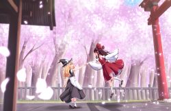 Rule 34 | 2girls, apron, bare shoulders, black dress, black footwear, blonde hair, blue sky, bow, brown hair, cherry blossoms, commentary request, day, detached sleeves, dress, from side, hair bow, hair tubes, hakurei reimu, hat, hat bow, highres, holding hands, kirisame marisa, kneehighs, long hair, long sleeves, looking at another, mary janes, multiple girls, outdoors, petals, petticoat, profile, puffy short sleeves, puffy sleeves, railing, rankasei, reaching, reaching towards viewer, red bow, red eyes, red shirt, red skirt, sarashi, shirt, shoes, short sleeves, skirt, sky, socks, touhou, tree, waist apron, white bow, white legwear, wide sleeves, witch hat, yellow eyes