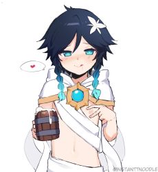Rule 34 | 1boy, :q, aqua eyes, aqua hair, beer mug, black hair, blue hair, blush, braid, commentary, cum, cup, english commentary, flower, genshin impact, heart, heart-shaped pupils, holding, holding cup, hood, hood down, instanttnoodle, looking at viewer, male focus, mug, nipples, official alternate costume, saliva, simple background, solo, spoken heart, symbol-shaped pupils, tongue, tongue out, trap, twin braids, twitter username, upper body, venti (archon) (genshin impact), venti (genshin impact), white background, white flower