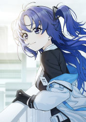 Rule 34 | 1girl, absurdres, ahoge, belt, black gloves, black jacket, blue archive, blue hair, blurry, blurry background, breasts, building, city, commentary, day, floating hair, from side, gloves, gradient hair, grey sky, hand on railing, hand up, highres, id card, jacket, light blush, light particles, light smile, long hair, looking at viewer, looking to the side, medium breasts, multicolored hair, off shoulder, outdoors, purple eyes, purple hair, railing, sky, skyscraper, solo, standing, sunlight, symbol-only commentary, two-sided fabric, two-sided jacket, two-tone hair, two side up, upper body, white belt, white jacket, yuuka (blue archive), zhanzheng zi