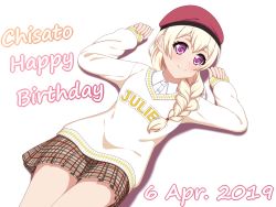 Rule 34 | 1girl, alternate hairstyle, bang dream!, beret, blonde hair, braid, brown skirt, character name, clenched hands, collared shirt, commentary request, dated, furou, hair over shoulder, happy birthday, hat, highres, long hair, long sleeves, looking at viewer, lying, miniskirt, on back, plaid, plaid skirt, pleated skirt, purple eyes, red hat, shirasagi chisato, shirt, single braid, skirt, smile, solo, sweater, white background, white shirt