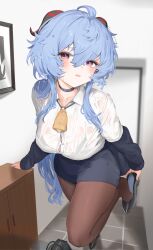 Rule 34 | 1girl, absurdres, ahoge, alternate costume, bag, bell, black bra, blue hair, blue nails, blue skirt, blush, bra, bra visible through clothes, breasts, brown pantyhose, button gap, collarbone, commentary request, contemporary, ganyu (genshin impact), genshin impact, high heels, highres, horns, indoors, leg up, long hair, looking at viewer, medium breasts, nail polish, neck bell, office lady, pantyhose, partial commentary, pencil skirt, purple eyes, removing shoes, revision, see-through, shirt, sidelocks, skirt, solo, sorotu, underwear, wet, wet clothes, wet hair, wet pantyhose, wet shirt, white shirt