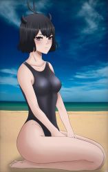 Rule 34 | 1girl, bare shoulders, beach, black clover, black one-piece swimsuit, blush, breasts, brown eyes, closed mouth, competition swimsuit, feet, highres, horns, one-piece swimsuit, sand, secre swallowtail, short hair, skru, small breasts, smile, swimsuit, tagme, water