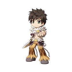 Rule 34 | 1boy, animal print, black cape, black hair, brown pants, cape, chain, chibi, dagger, full body, fur collar, green eyes, grey footwear, grin, holding, holding dagger, holding knife, holding weapon, jacket, knife, leopard print, looking at viewer, male focus, medium bangs, official art, pants, ragnarok online, reaching, reaching towards viewer, shadow chaser (ragnarok online), sheath, shoes, short hair, simple background, smile, smiley face, solo, standing, tachi-e, transparent background, waist cape, weapon, yuichirou