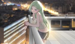 Rule 34 | 1girl, absurdres, adomiwan, bare shoulders, black shorts, blurry, blurry background, blush, breasts, cityscape, cleavage, commentary, cup, green hair, highres, holding, holding cup, long hair, looking at viewer, medium breasts, midori (adomiwan), midriff, navel, night, original, outdoors, purple eyes, shorts, signature, smile, solo, standing, stomach, tank top, white tank top