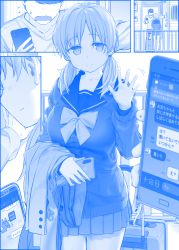Rule 34 | 1boy, 1girl, animal print, blue theme, blush, breasts, brother and sister, cellphone, collarbone, comic, commentary request, door, english text, faceless, faceless male, flying sweatdrops, getsuyoubi no tawawa, gimai-chan (tawawa), himura kiseki, large breasts, messy hair, monochrome, open mouth, phone, rabbit print, school uniform, serafuku, short hair, siblings, silent comic, skirt, smartphone, smile, suitcase, sweatdrop, translation request, twintails, waving, wavy mouth
