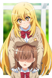 Rule 34 | + +, 2girls, blazer, blonde hair, blurry, blurry background, bow, bowtie, breast rest, breasts, breasts on head, brown hair, brown jacket, collared shirt, commentary request, gloves, hair behind ear, hair between eyes, hair ornament, hairpin, hands on another&#039;s shoulders, highres, jacket, large breasts, long hair, looking at another, looking down, medium hair, misaka mikoto, multiple girls, nonoa-cg, partial commentary, red bow, red bowtie, school emblem, school uniform, shaded face, shirt, shokuhou misaki, smile, sparkling eyes, toaru kagaku no railgun, toaru majutsu no index, tokiwadai school uniform, white gloves, white shirt, winter uniform, yellow eyes