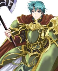 Rule 34 | 1boy, armor, blue eyes, blue hair, cape, ephraim (fire emblem), fire emblem, fire emblem: the sacred stones, fire emblem heroes, halberd, holding, holding shield, holding weapon, looking at viewer, male focus, nintendo, pauldrons, polearm, rem (eyes 410), shield, shoulder armor, simple background, smile, solo, weapon, white background