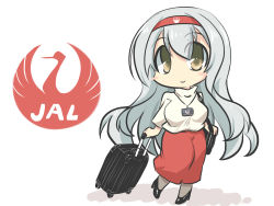 Rule 34 | 1girl, bag, bird, blush stickers, brown eyes, chibi, commentary request, crane (animal), flight attendant, goma (gomasamune), grey hair, hair between eyes, hairband, highres, japan airlines, kantai collection, lanyard, logo, long hair, long sleeves, looking at viewer, pantyhose, rolling suitcase, shadow, shoes, shoukaku (kancolle), shoulder bag, skirt, smile, solo, standing, suitcase, sweater, translation request, travel attendant, white background
