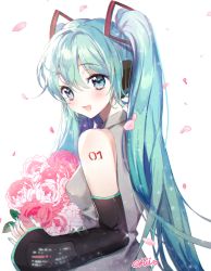 Rule 34 | 1girl, :d, aqua eyes, aqua hair, aqua nails, arm tattoo, artist name, berrypop, blouse, blush, bouquet, detached sleeves, flower, from side, grey shirt, hair ornament, hatsune miku, headphones, holding, holding bouquet, long hair, long sleeves, looking at viewer, looking back, nail polish, number tattoo, open mouth, petals, shirt, shoulder tattoo, simple background, smile, solo, sparkle, tattoo, twintails, upper body, very long hair, vocaloid, white background