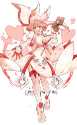 Rule 34 | 1girl, :d, animal ears, blue eyes, breasts, character name, cleavage, copyright name, dress, elphelt valentine, garter straps, gloves, guilty gear, guilty gear xrd, gun, highres, holding, holding gun, holding weapon, large breasts, open mouth, pink hair, rabbit ears, ribbon, rirene rn, short hair, smile, solo, thighhighs, veil, weapon, wedding dress, white background