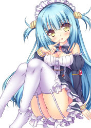Rule 34 | 1girl, :p, arm support, ass, azur lane, bad id, bad pixiv id, black bow, black dress, blue hair, blush, bow, breasts, brooch, brown eyes, chain, cleavage, closed mouth, detached sleeves, dress, finger to mouth, fingernails, garter straps, hair between eyes, hair ornament, hand up, head tilt, highres, jewelry, juliet sleeves, long hair, long sleeves, looking at viewer, maid headdress, medium breasts, moyasi06 25, neptune (azur lane), no shoes, puffy sleeves, shell hair ornament, simple background, sitting, sleeveless, sleeveless dress, smile, solo, striped, striped bow, thighhighs, tongue, tongue out, two side up, very long hair, white background, white thighhighs