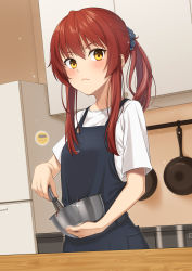 Rule 34 | 1girl, absurdres, apron, black apron, blush, closed mouth, cooking, frown, hair ornament, highres, holding, kitchen, long hair, looking at viewer, original, ponytail, red hair, shirt, short sleeves, sidelocks, solo, standing, stock-world, t-shirt, white shirt, yellow eyes